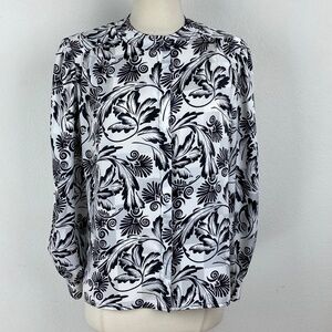 Vintage 90s Lloyd Williams Floral Blouse Size 6 Slinky Black White Long Sleeve